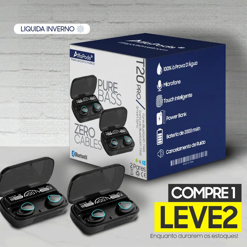 (COMPRE 1 LEVE 2) Fone Bluetooth a Prova D'água e com Microfone AlfaPods® T20 Pro